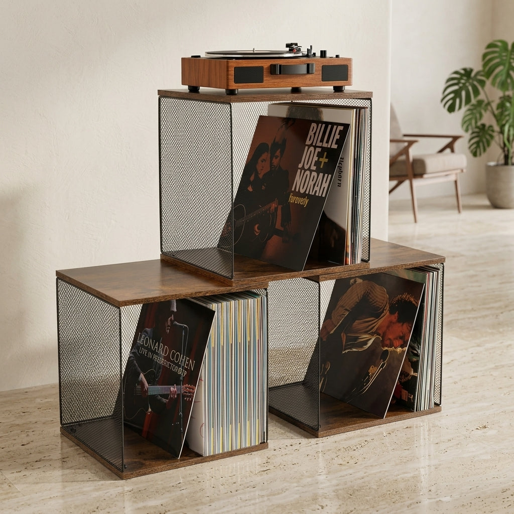 Stackable Wood Metal Vinyl Record Rack Classical Music Album File Organizer